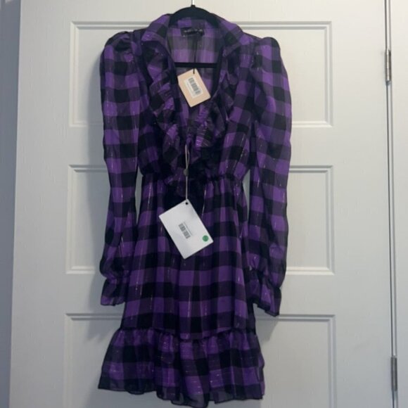 Vanessa Scott purple plaid tartan print long sleeves ruffle ruched dress size M - Picture 3 of 14